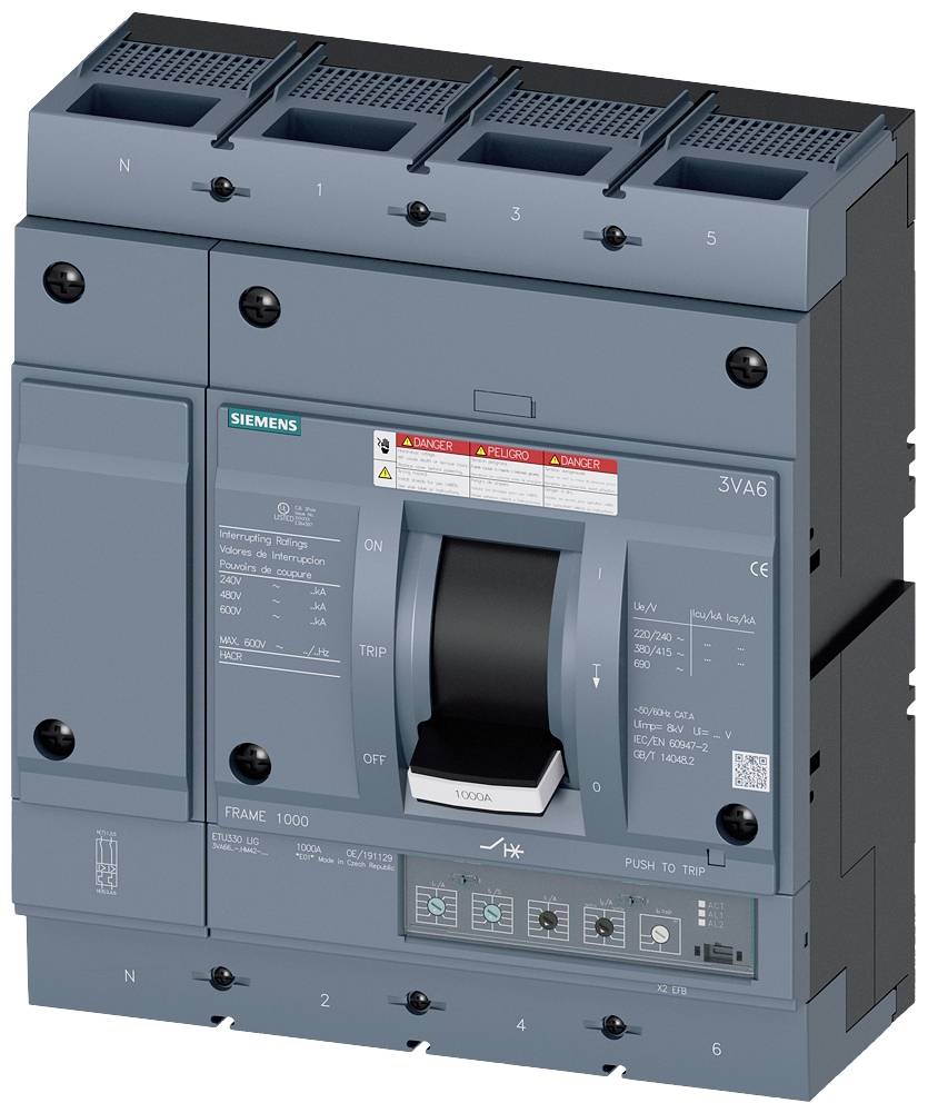 Ein grauer Leistungsschalter von Siemens, Modellnummer 3VA6, mit Hebel in der Mitte, umgeben von technischen Spezifikationen und Warnhinweisen.