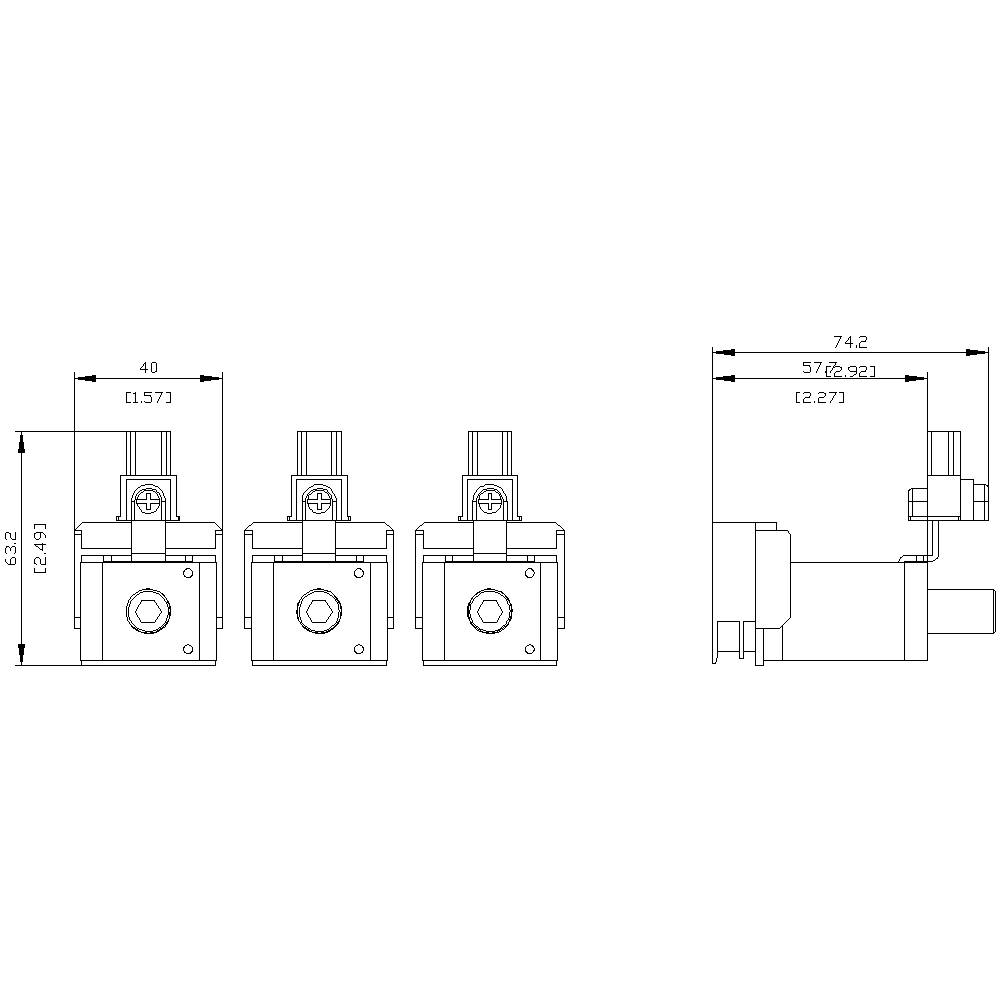 Technische Zeichnung von drei Ventilen mit Abmessungen: Breite 40 mm, Höhe 42,9 mm. Seitenansicht zeigt Tiefe 57 mm und Höhe 74,2 mm.