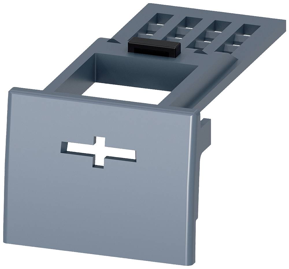 Blaues Kunststoffteil mit rechteckigem Ausschnitt und "+"-Symbol. Verwendet für Montageanwendungen, vermutlich ein Bauteilhalter.