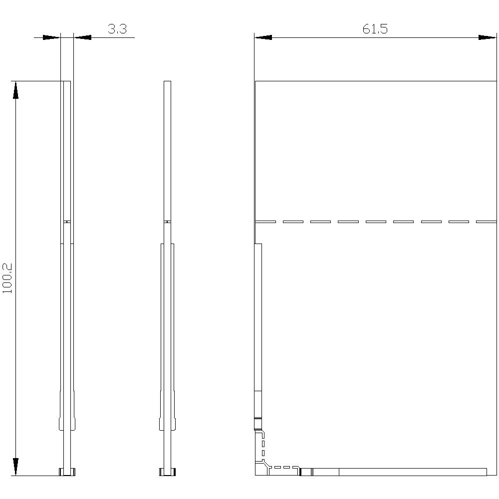 Diagramm einer technischen Zeichnung mit Seitenansicht und Maßen eines rechteckigen Objekts: 3,3 x 61,5 x 100,2.