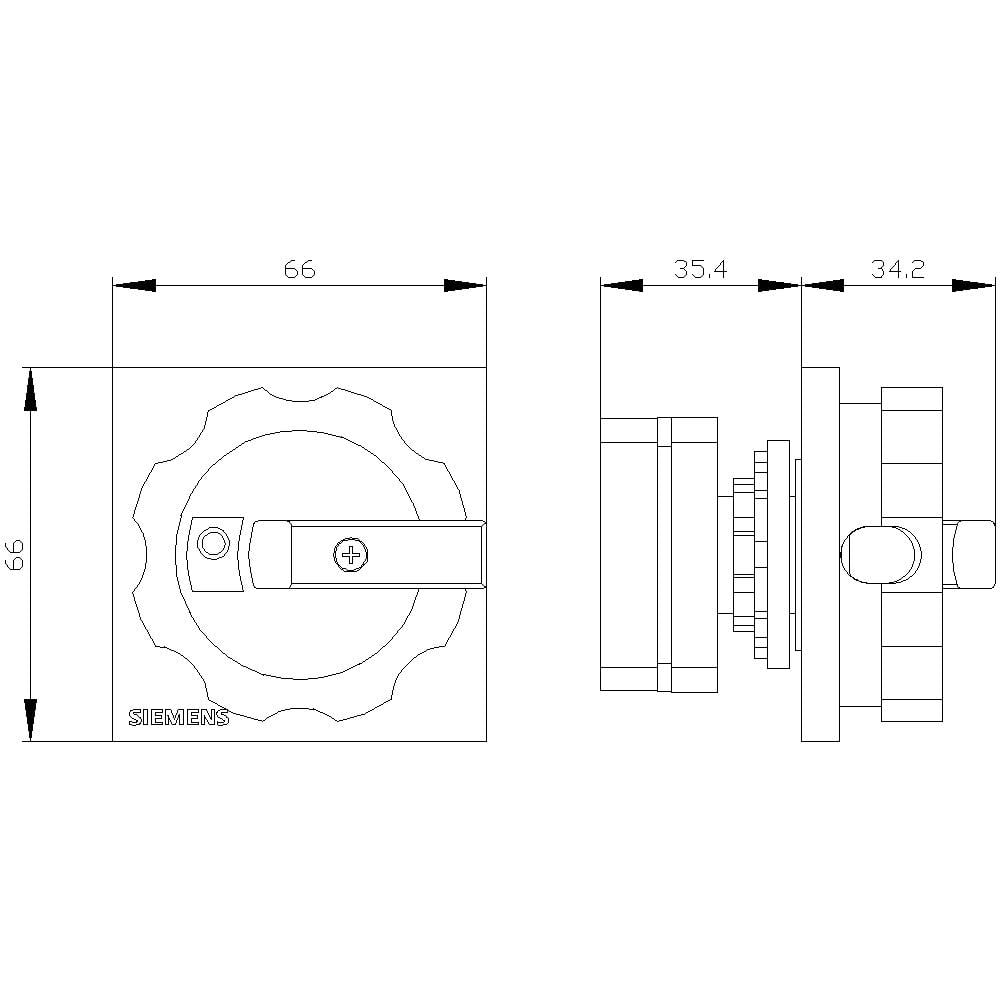 Technische Zeichnung eines Schalters. Zeigt Vorder- und Seitenansicht mit Abmessungen: 66 mm Breite, 66 mm Höhe, 35,4 mm Tiefe.