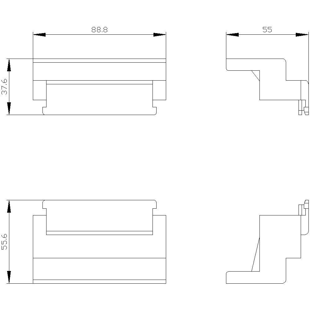 Technische Zeichnung eines Bauteils mit vier Ansichten. Maße: Länge 88.8 mm, Breite 55 mm, Höhe 37.6 mm, untere Kante 55.6 mm.