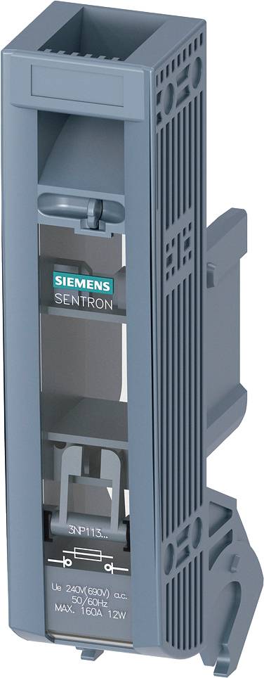 Graues elektrisches Bauteilgehäuse mit der Aufschrift 'Siemens', 'Sentron', Spannung 240V/690V AC, Frequenz 50/60Hz, Leistung 12W.