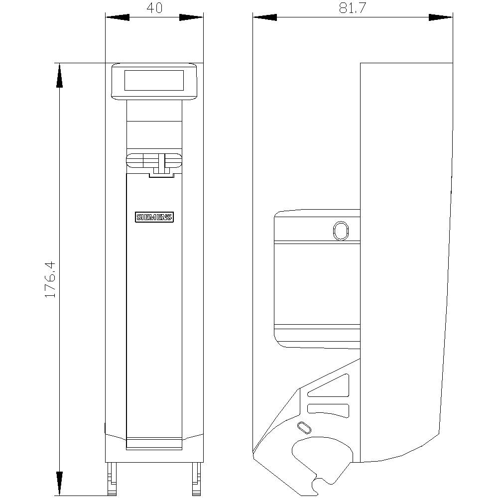 'Technische Zeichnung eines Geräts mit Vorder- und Seitenansicht. Maße: Höhe 176,4 cm, Breite 40 cm, Tiefe 81,7 cm.'