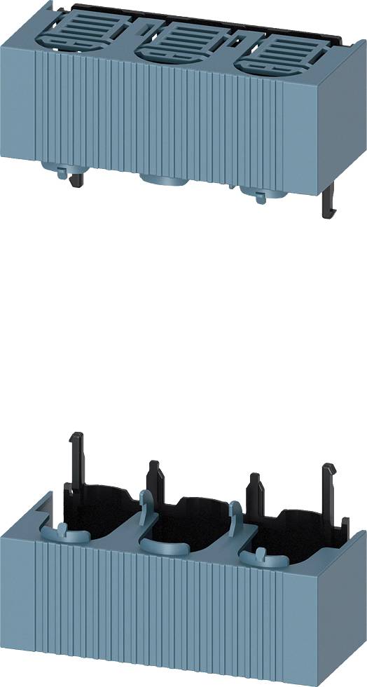 Ein elektrischer Steckverbinder mit blauen Gehäusekomponenten ist in zwei Perspektiven dargestellt, oben und unten.