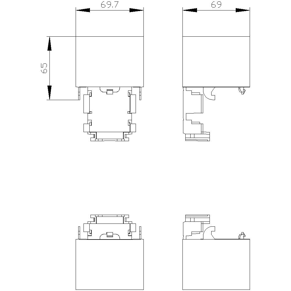 'Technische Zeichnung eines quadratischen Bauteils mit Maßen: 69,7 mm Breite, 69 mm Tiefe und 65 mm Höhe; Ansichten von verschiedenen Seiten.'
