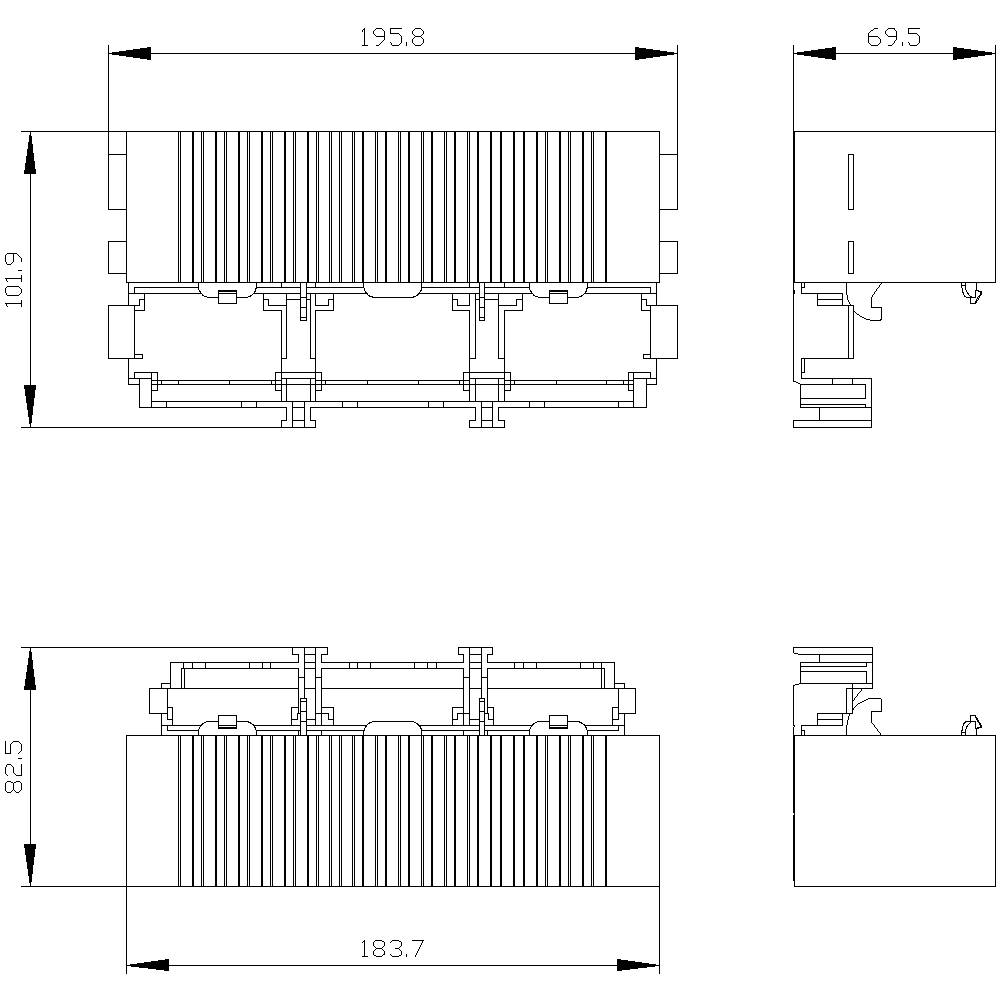 Technische Zeichnung eines rechteckigen Bauteils mit Maßen 195,8 x 101,9 mm und 69,5 mm Höhe. Seitenansicht zeigt Rippenstruktur.