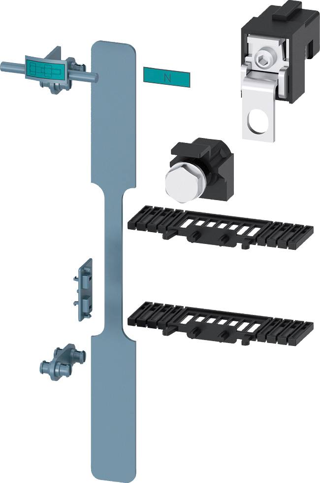 Unterschiedliche Komponenten und Befestigungselemente eines Sicherungssystems, darunter Klemmen und Befestigungsplatten in Blau und Schwarz.