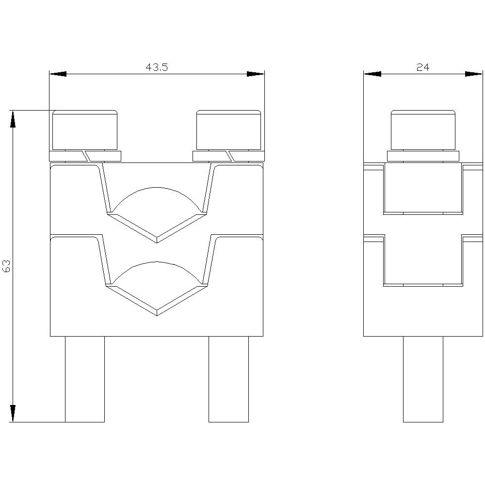 Technische Zeichnung eines mechanischen Bauteils mit Bemaßungen von 43,5 mm x 63 mm und 2,4 mm Breite an verschiedenen Ansichten.