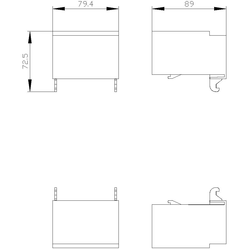 Technische Zeichnung eines Gehäuses in vier Ansichten. Maße: Breite 79,4 mm, Tiefe 89 mm, Höhe 72,5 mm. Zeigt Front- und Seitenansicht.