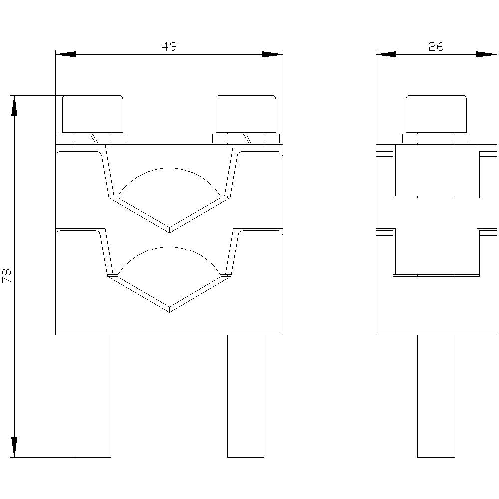 Technische Zeichnung eines Bauteils mit Maßen: Breite 49, Höhe 78, Tiefe 26 mm. Frontal- und Seitenansicht mit Details der Form.
