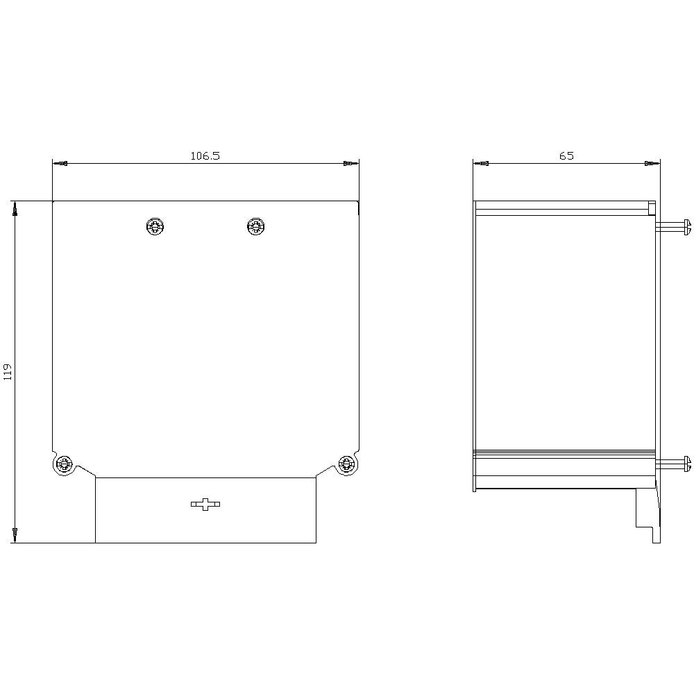 Technische Zeichnung eines Bauteils mit zwei Ansichten. Maße sind 106,5 mm und 65 mm. Details zum Befestigen sind erkennbar.