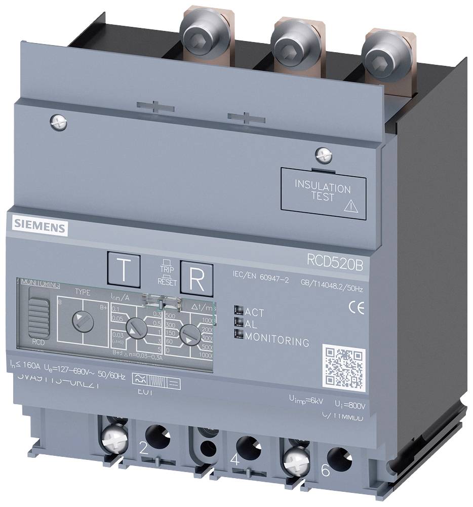 Ein elektronischer Schutzschalter von Siemens, Modell RCD520B. Er zeigt Testknöpfe, Statusanzeigen und Anschlussklemmen.