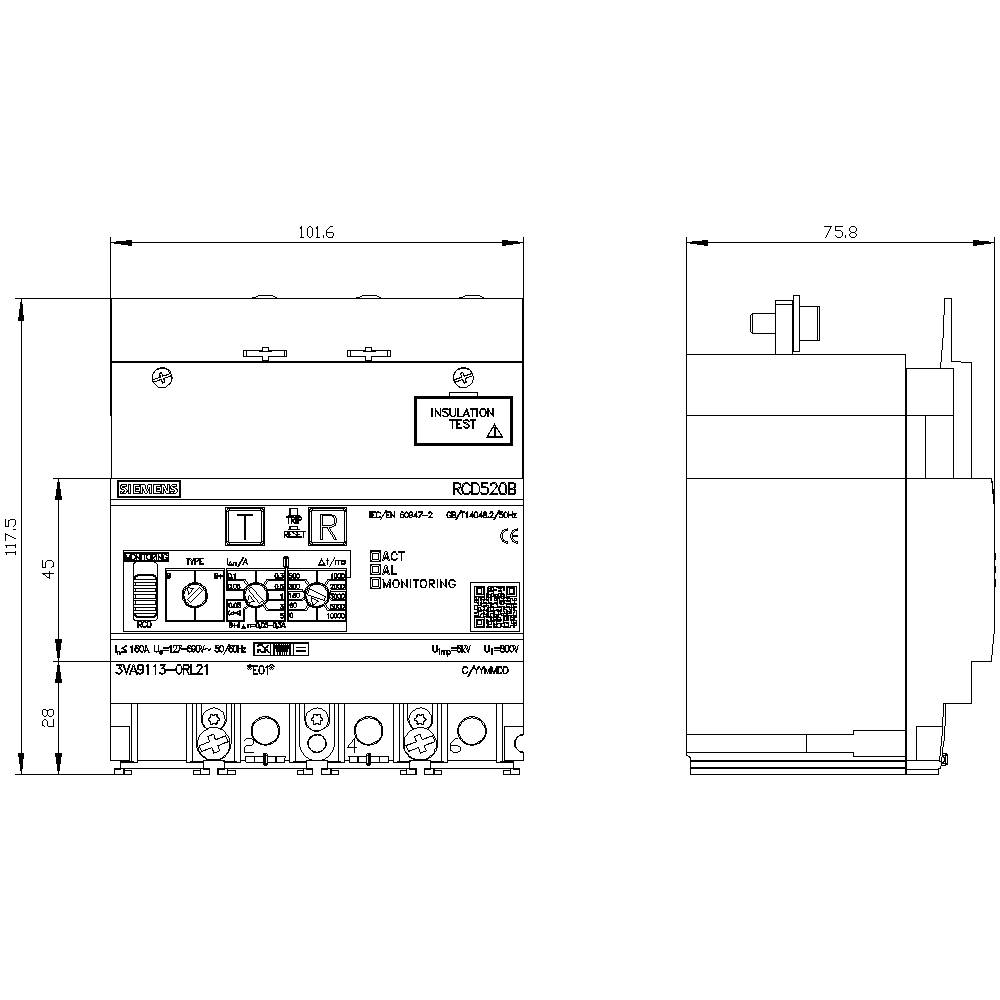 'Technische Zeichnung eines elektronischen Geräts mit Abmessungen: Breite 101,6 mm, Höhe 117,5 mm. Details zur Installation und Anschlüssen sind sichtbar.'