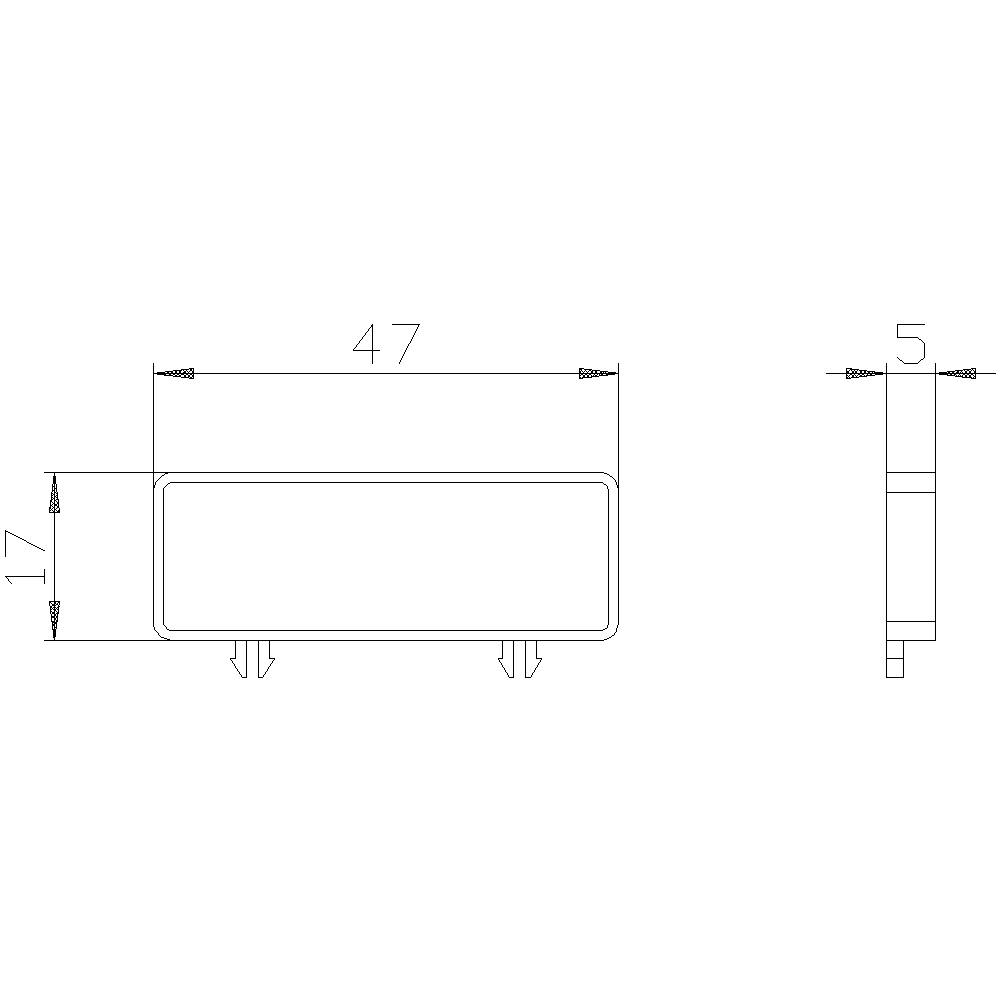 Technische Zeichnung eines rechteckigen Objekts mit den Maßen 47x17x5 mm, das Dimensionen und Front- und Seitenansicht zeigt.