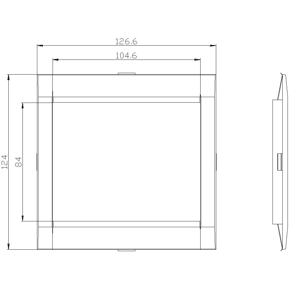 Technische Zeichnung eines rechteckigen Rahmens mit Kantenlängen von 126,6 mm und 124 mm. Seitenansicht zeigt eine Tiefe von etwa 84 mm.