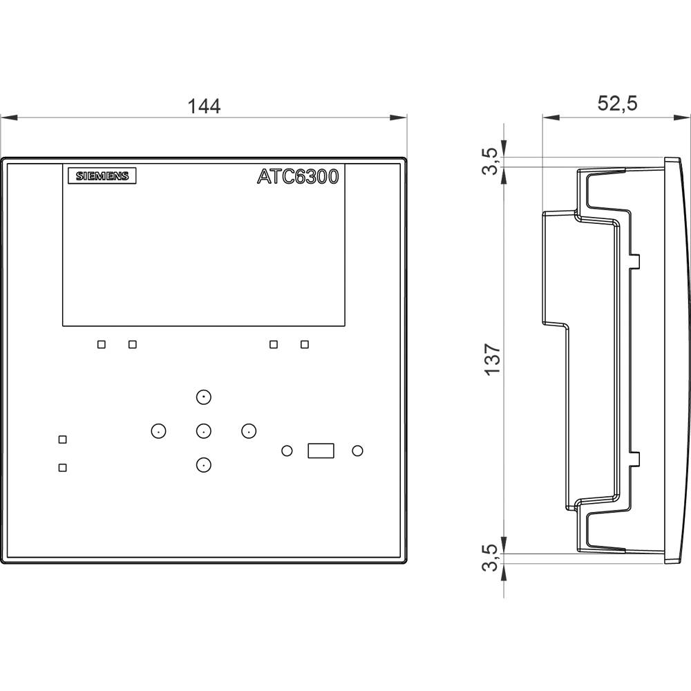 Technische Zeichnung eines Geräts mit Beschriftung 'ATC6300'. Zwei Ansichten: Frontal mit Knöpfen und seitlich mit Maßen 144x137x52,5mm.