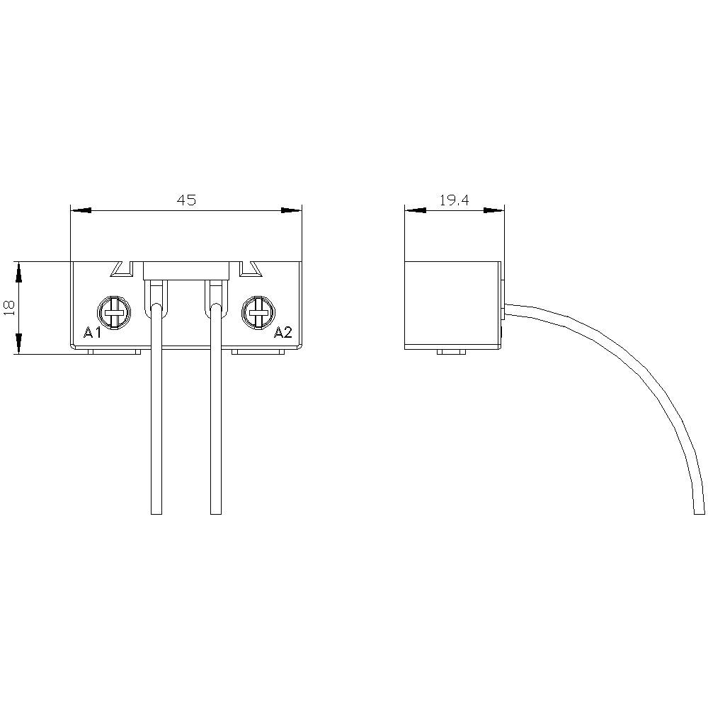 Technische Zeichnung eines Steckverbinders mit Abmessungen: Breite 45 mm, Tiefe 19,4 mm. Zwei Schraubbefestigungen A1 und A2.