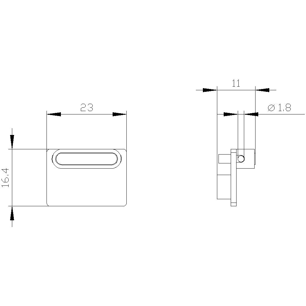 Technische Zeichnung eines rechteckigen Teils mit Maßen: Länge 23 mm, Breite 16,4 mm, Dicke 11 mm, Bohrung Durchmesser 1,8 mm.