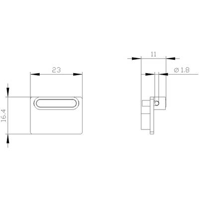 Technische Zeichnung eines rechteckigen Teils mit Maßen: Länge 23 mm, Breite 16,4 mm, Dicke 11 mm, Bohrung Durchmesser 1,8 mm.