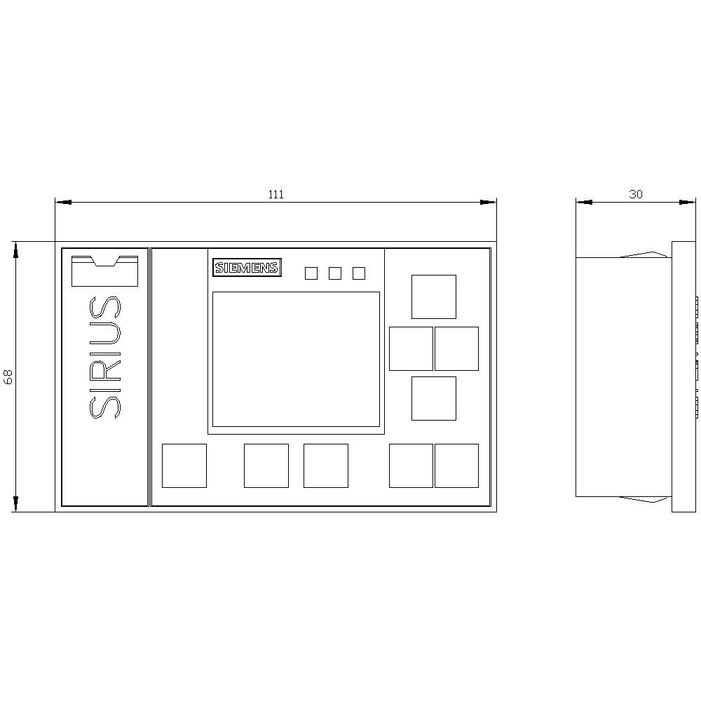 Zeichnung eines rechteckigen Bedienpanels mit dem Text 'SIRIUS', Maße 111 x 66 mm vorne und 30 mm Tiefe seitlich.