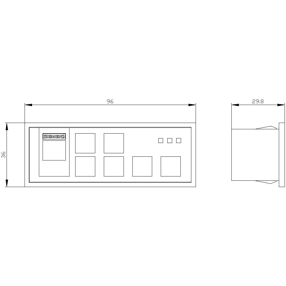 Technische Zeichnung eines rechteckigen Elektronikgehäuses mit den Maßen 96 x 36 x 29,8 mm. Enthält mehrere Bedienelemente.