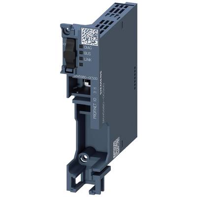 Ein blaues elektrisches Modul mit den Beschriftungen 'PROFINET IO' und 'SIEMENS', sowie LED-Anzeigen 'DIAG', 'BUS' und 'LINK'.