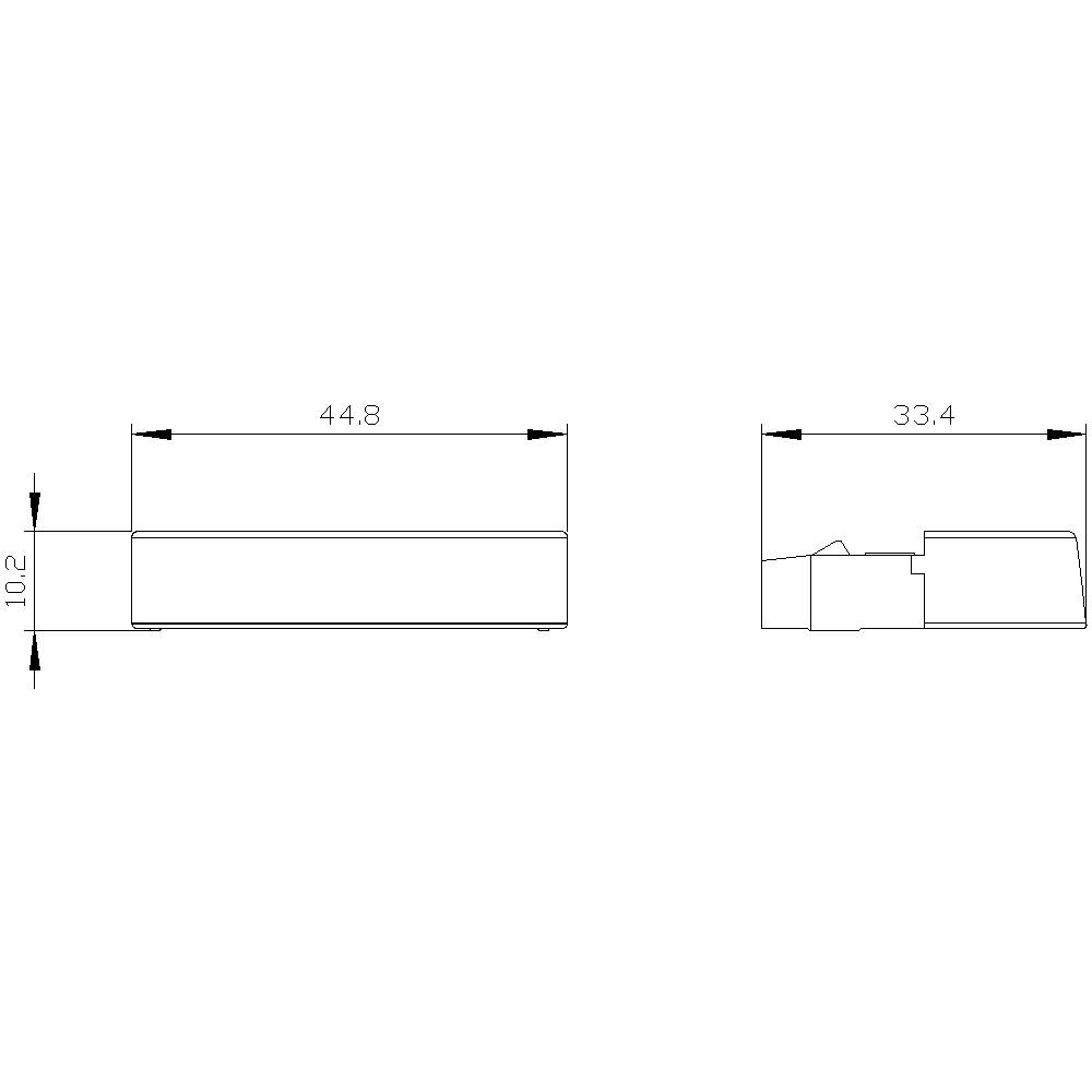 Lineares technisches Diagramm mit zwei Ansichten eines Objekts. Maße sind 44,8 und 33,4 Einheiten in horizontaler Länge, 10,2 in der Höhe.