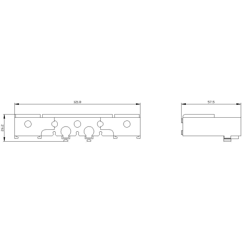Technische Zeichnung eines Bauteils mit Maße: Länge 121,8 mm, Breite 57,5 mm, Höhe 22,2 mm. Seiten- und Draufsicht mit Details.