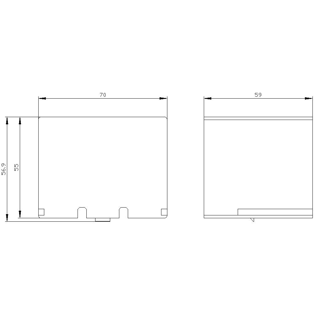 Technische Zeichnung mit zwei Ansichten eines rechteckigen Objekts. Abmessungen: 70 x 59 mm; Höhe 35,9 mm.