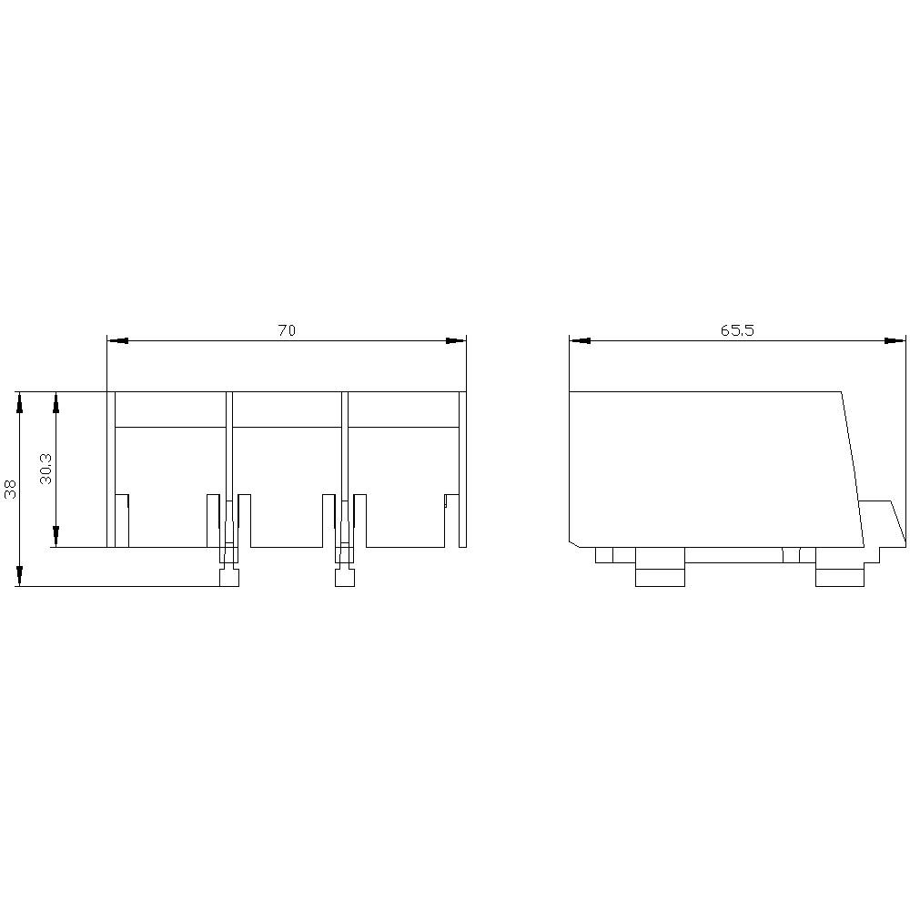 Schaltplan eines elektronischen Bauteils mit den Maßen 70 mm Breite und 30,3 mm Höhe. Seitenansicht zeigt 65,5 mm Tiefe.