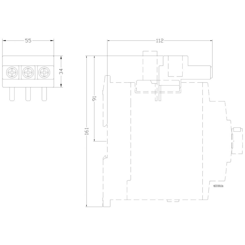 Technische Zeichnung eines Geräts mit Maßen: 55x34 mm, 112 mm, 91 mm, und 161 mm. Zeigt Seiten- und Oberansicht mit Schraubbefestigungen.