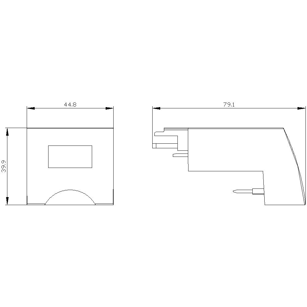 Technische Zeichnung einer Komponente mit Seiten- und Vorderansicht, Abmessungen von 39,9 mm, 44,8 mm und 79,1 mm hervorgehoben.
