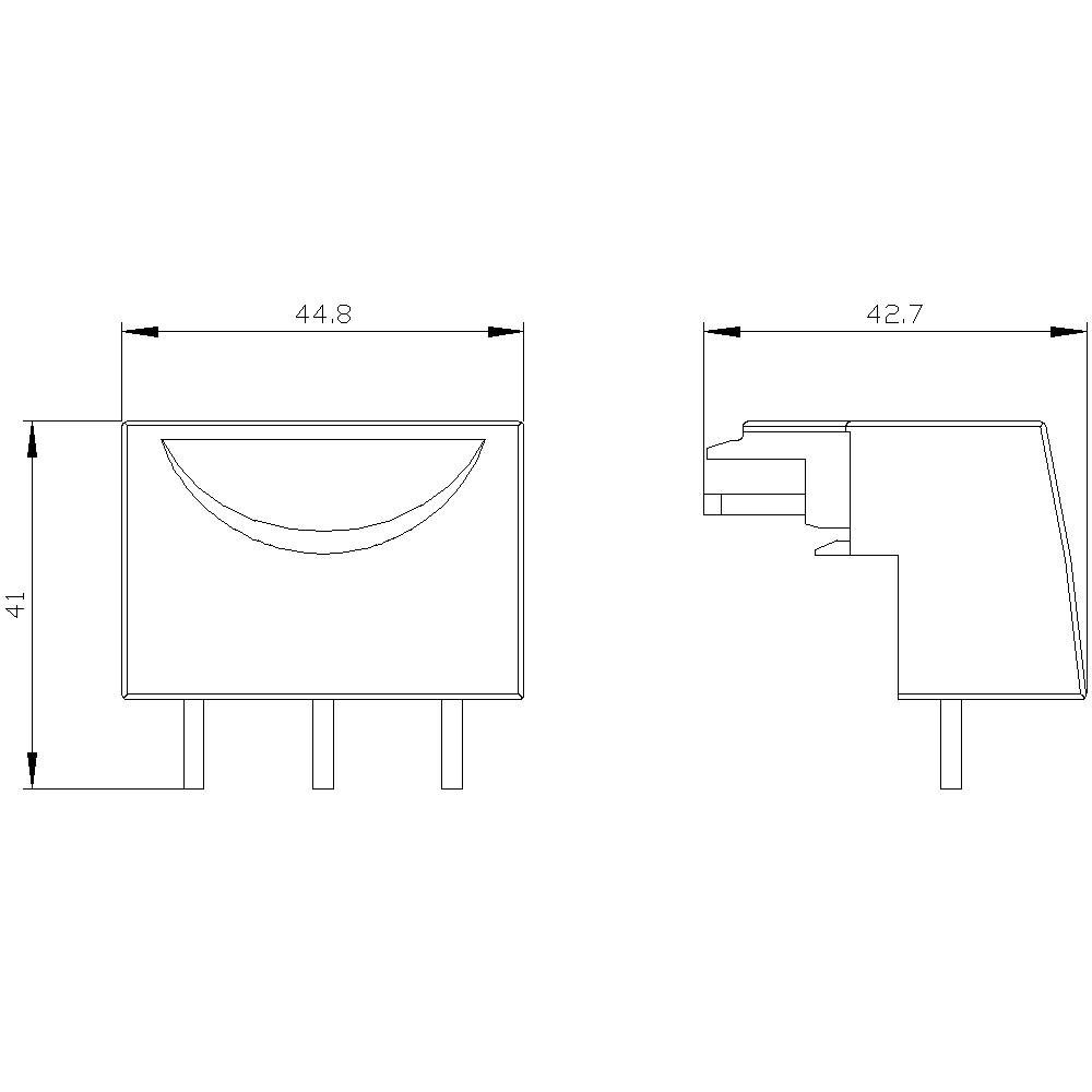 Technische Zeichnung eines elektrischen Bauteils mit Abmessungen: Breite 44,8 mm, Höhe 41 mm von vorne und Breite 42,7 mm von der Seite.