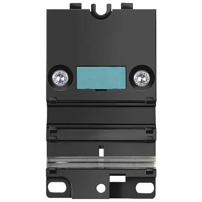 Ein schwarzer elektrischer Schalter mit zwei sichtbaren Schrauben und einem grünen rechteckigen Anzeigefeld in der Mitte.