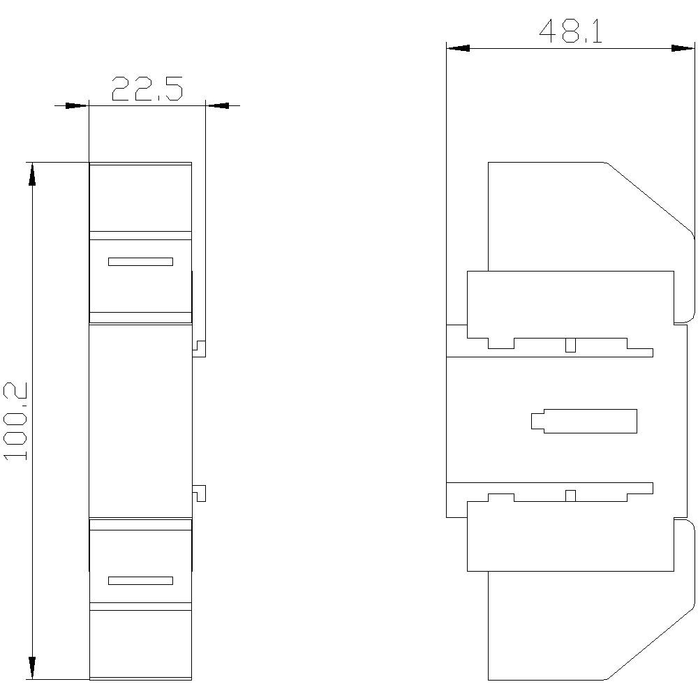 Technische Zeichnung eines rechteckigen Bauteils mit den Maßen 100,2 x 48,1 x 22,5 mm, mit Befestigungsdetails.