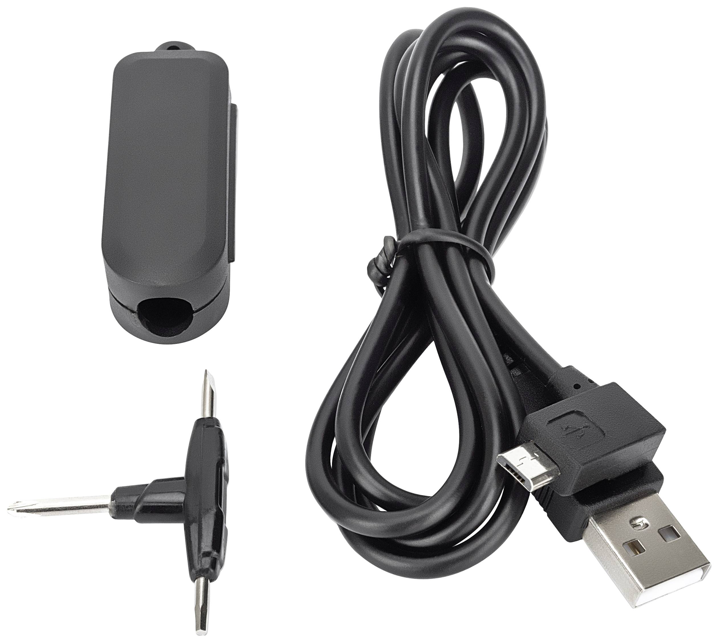 Ein schwarzes USB-Kabel mit Mikro-USB-Anschluss, eine kleine, schwarze Abdeckung und ein schwarzes Werkzeug mit zwei dünnen Armen.
