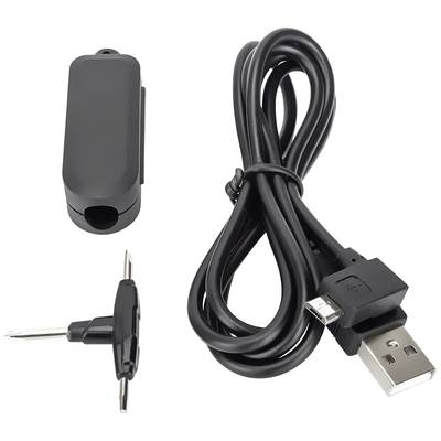 Schwarzes USB-Kabel, schwarzer Kunststoffdeckel, und kleiner Schraubendreher für elektronische Geräte oder Zubehör.