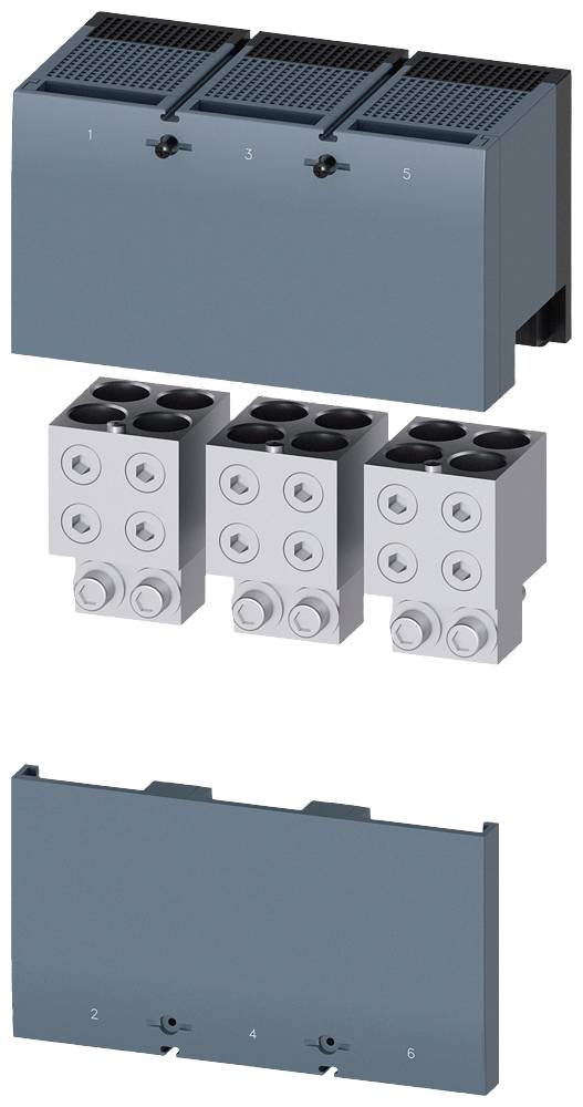 Gerät mit abnehmbaren blauen und grauen Modulen, nummeriert von 1 bis 6. Hauptmodul oben, drei kleinere Module in der Mitte, Abdeckplatte unten.