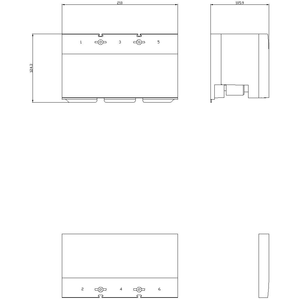 Dreifache technische Zeichnung eines rechteckigen, elektrischen Geräts mit Maßen 210 x 105,3 x 45,3 mm, oben, vorne, seitlich.