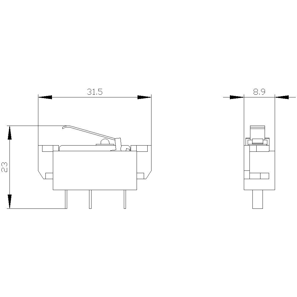 Zeichnung eines elektronischen Schalters zeigt Maße: Breite 31,5 mm, Höhe 23 mm, Tiefe 8,9 mm. Seiten- und Vorderansicht.