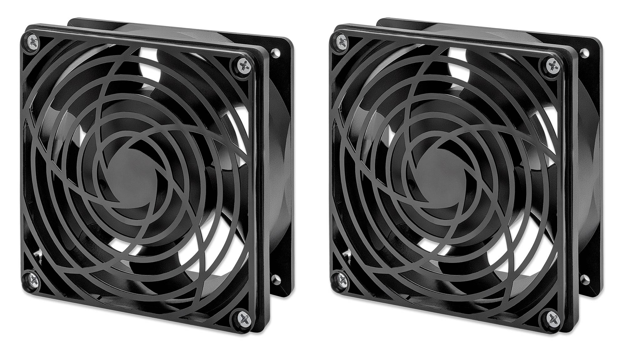 Zwei schwarze Computerlüfter nebeneinander mit schraubbaren Befestigungen, Spiraldesign vorne, für PC-Kühlung geeignet.
