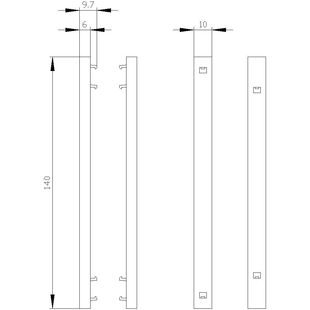 Technische Zeichnung eines Bauteils mit Maßen: Höhe 140, Breite 9,7, und Tiefenmaße 6 und 10. Zeigt Seiten- und Vorderansichten.