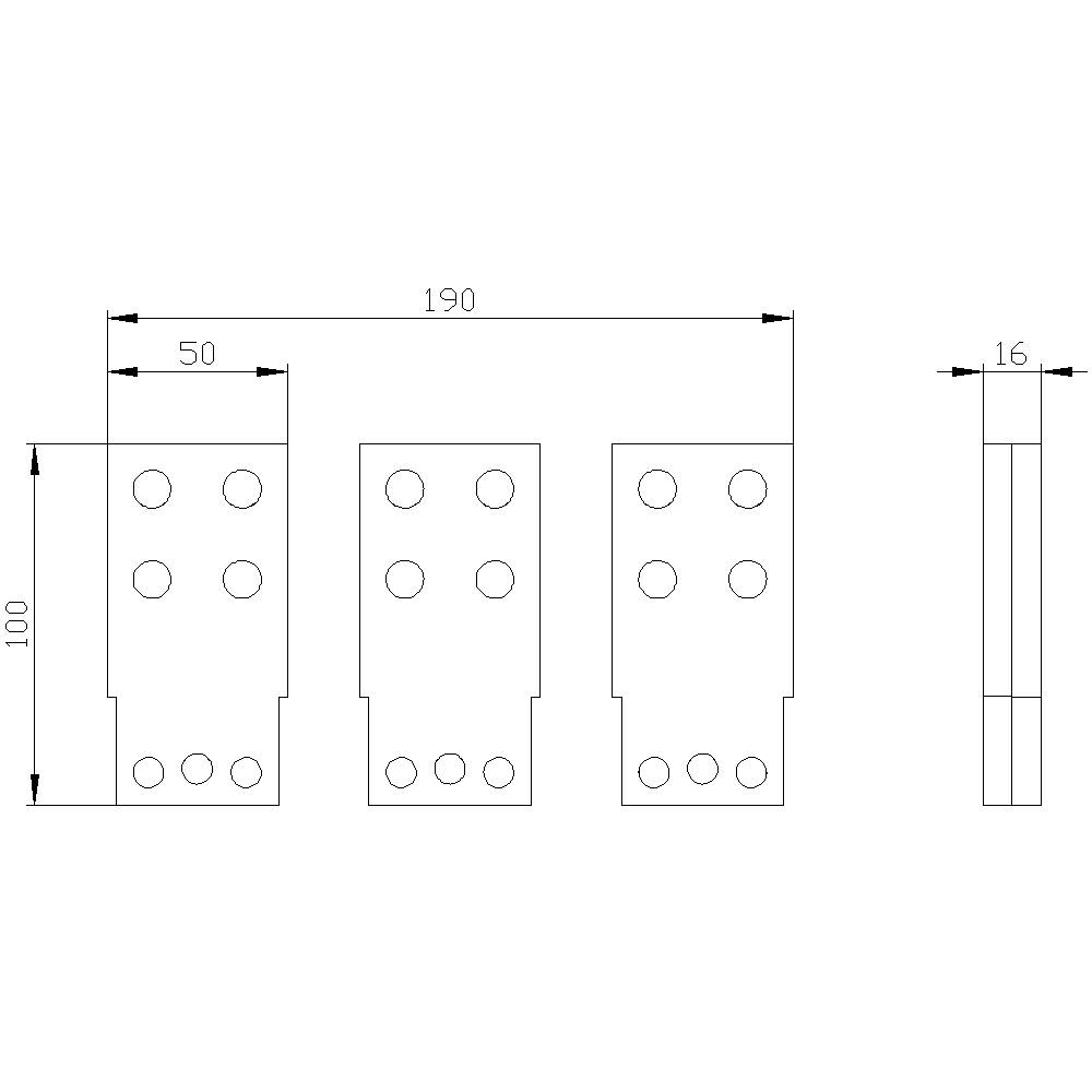 Technische Zeichnung einer rechteckigen Metallplatte mit acht Löchern, 100x50 mm, Seitenansicht zeigt Plattendicke von 16 mm.