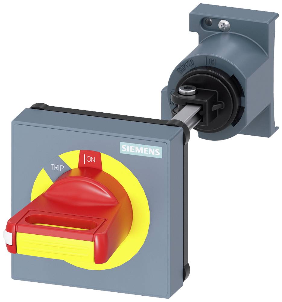 Ein Siemens-Lasttrennschalter in Rot und Gelb, in der Position 'Ein'. Mechanisches Gerät zur sicheren Abschaltung von Stromkreisen.