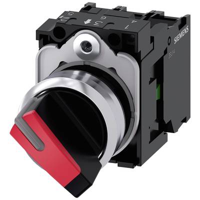 Drehschalter in schwarzem Gehäuse mit rotem Hebel, vermutlich ein elektrischer Schalter der Marke Siemens für industrielle Anwendungen.