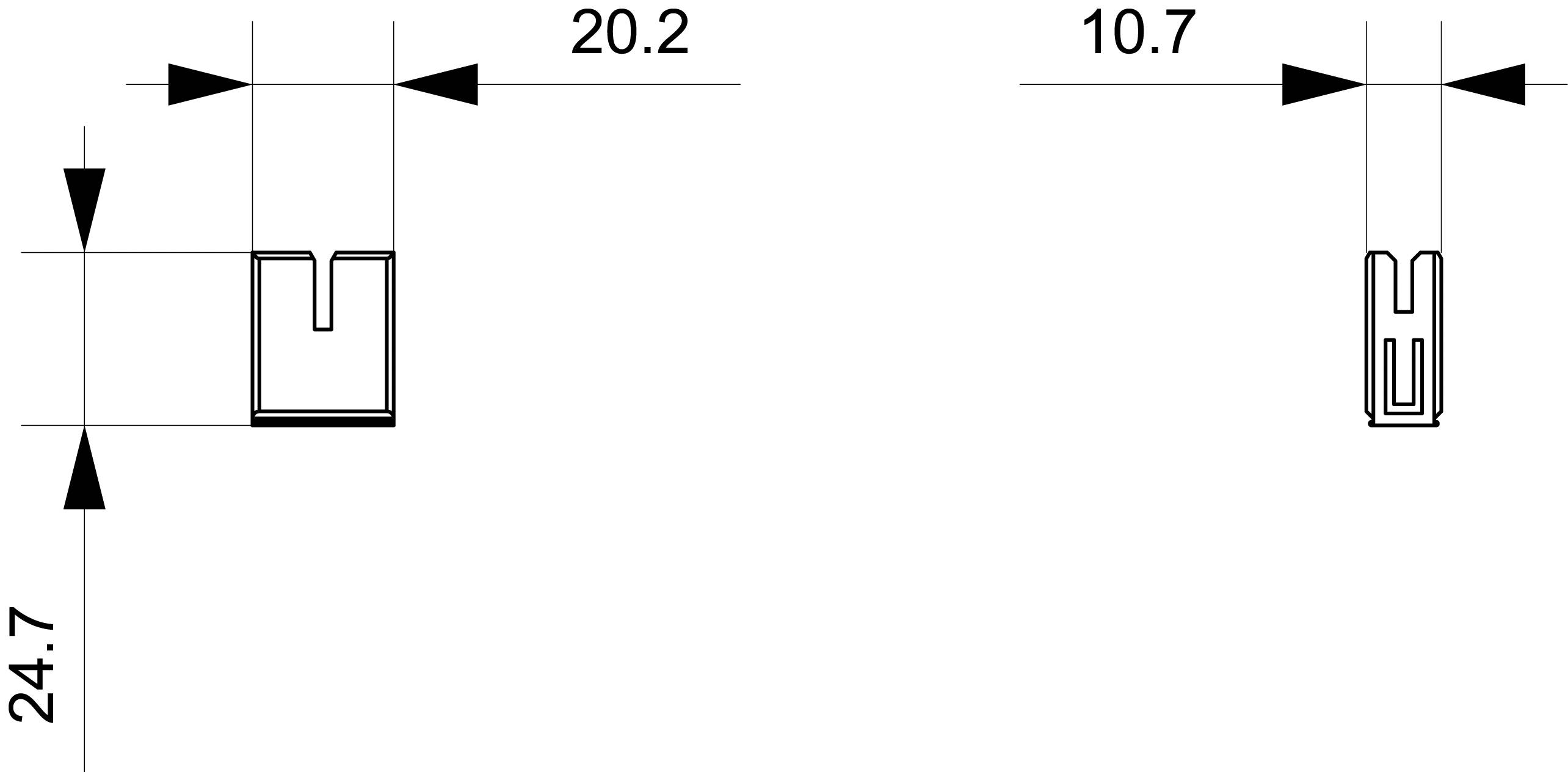 Technische Zeichnung zweier Bauteile mit Abmessungen: links 24,7 x 20,2, rechts 10,7, mit U- und L-förmigen Ausschnitten.