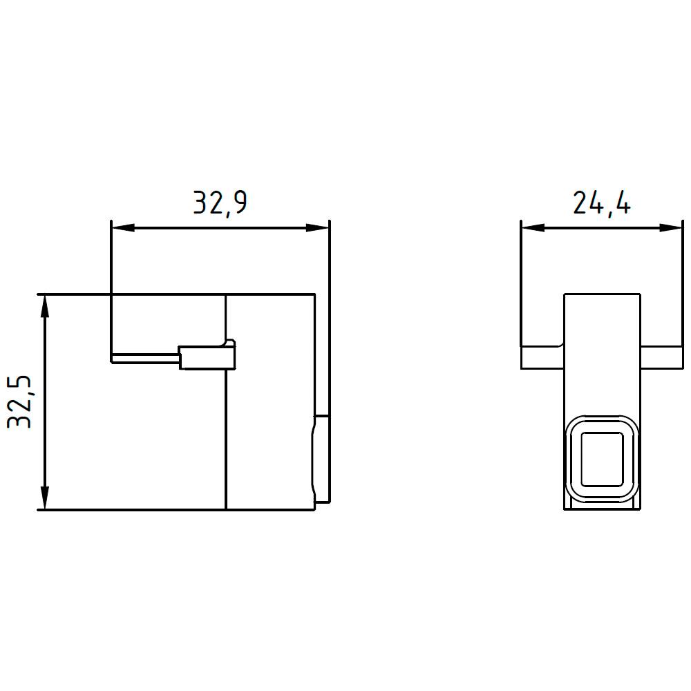 Technische Zeichnung eines Winkels mit zwei Maßen: 32,9 mm Breite, 32,5 mm Höhe auf der linken Ansicht; 24,4 mm Breite auf der rechten Ansicht.