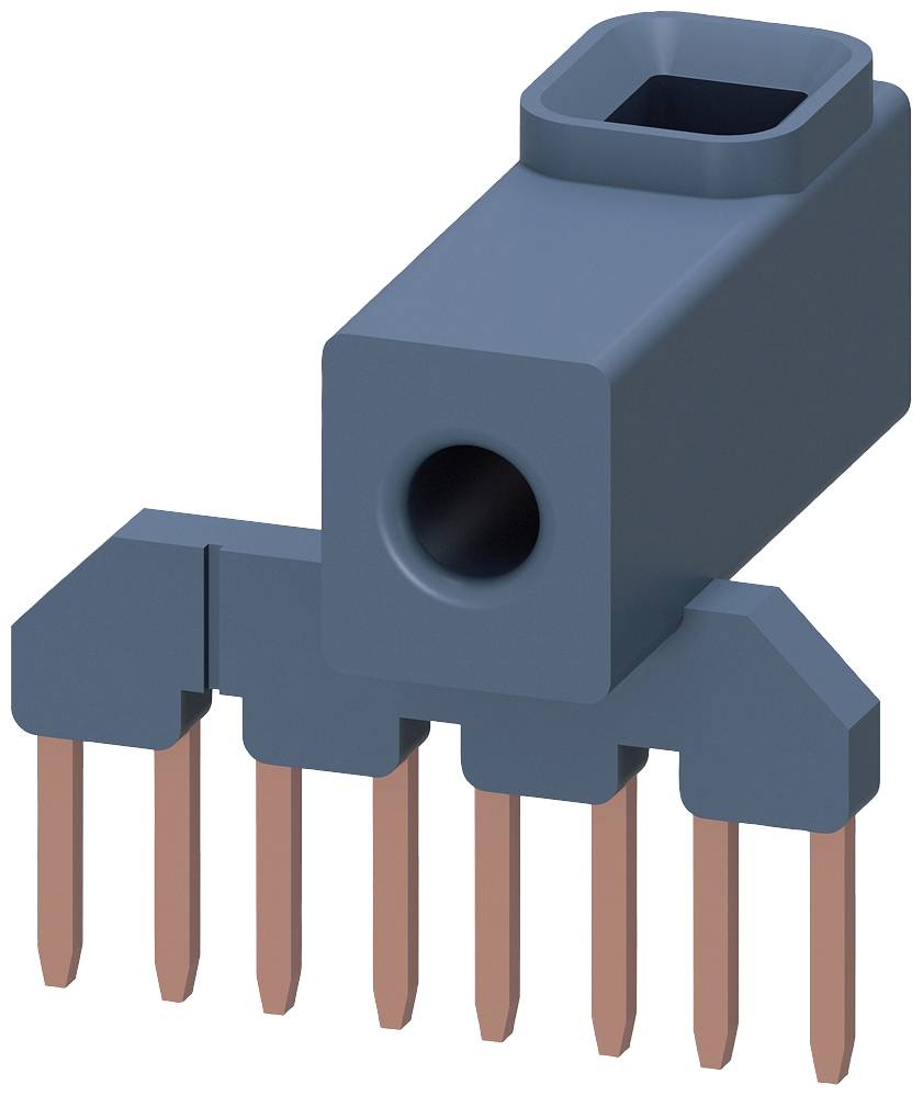 Ein blaues, rechteckiges Elektronikbauteil mit mehreren kupferfarbenen Pins an der Unterseite.
