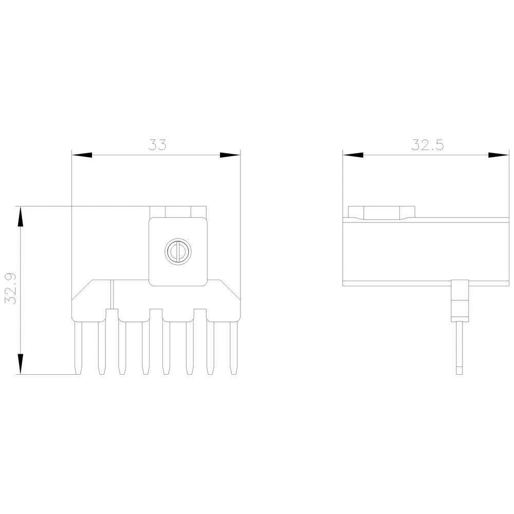 Diagramm eines elektronischen Bauteils mit sechs Pins und Maßangaben: Breite 33 mm, Höhe 32,9 mm, Tiefe 32,5 mm.